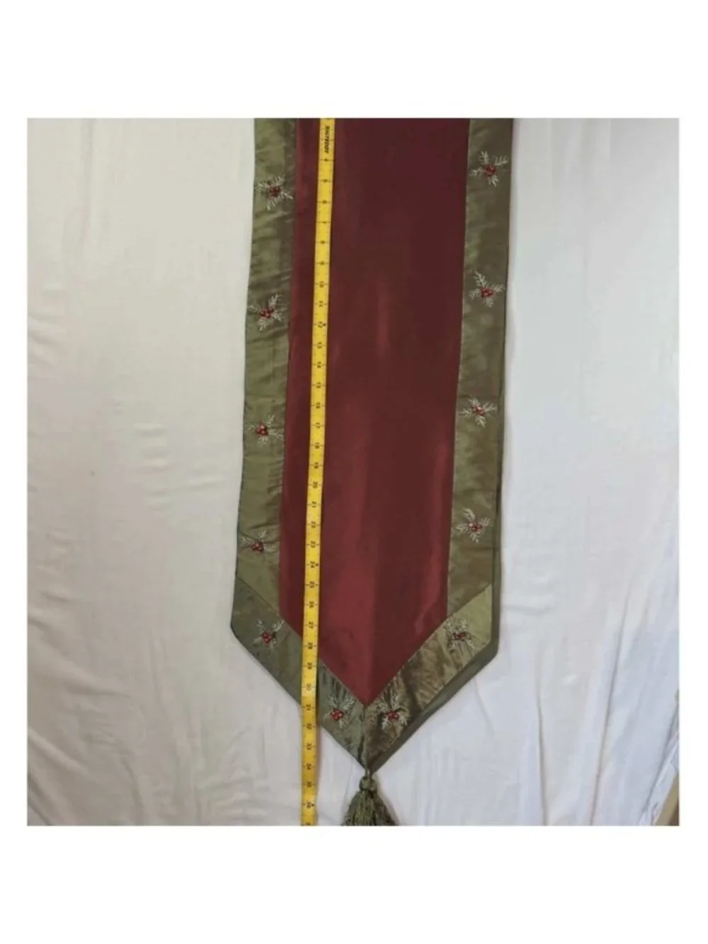 Christmas Table Runner Burgundy Olive Green Embroidered Holly Beaded Tassel 72in